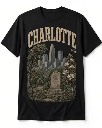 Charlotte vintage skyline design on a black tee