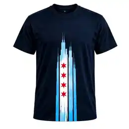 Navy tee with a skyline in Chicago flag colors
