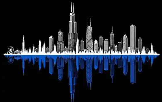 Chicago skyline in white with its blue reflection below